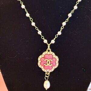 CHANEL Pink and Gold Floral Pendant Necklace